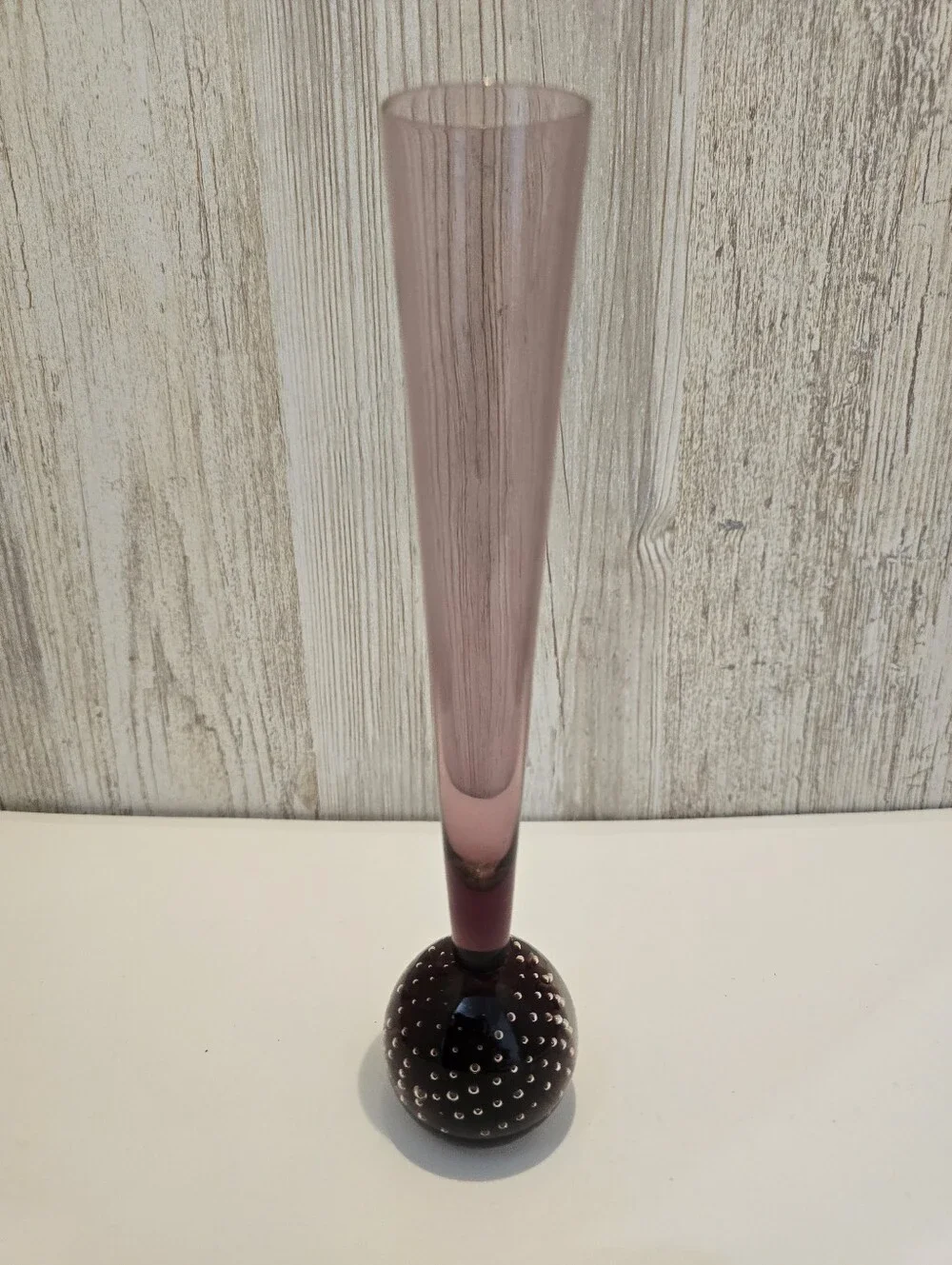 Vintage Amethyst Controlled Bubble Hand Blown Art Glass Bud Vase 8” Tall MCM